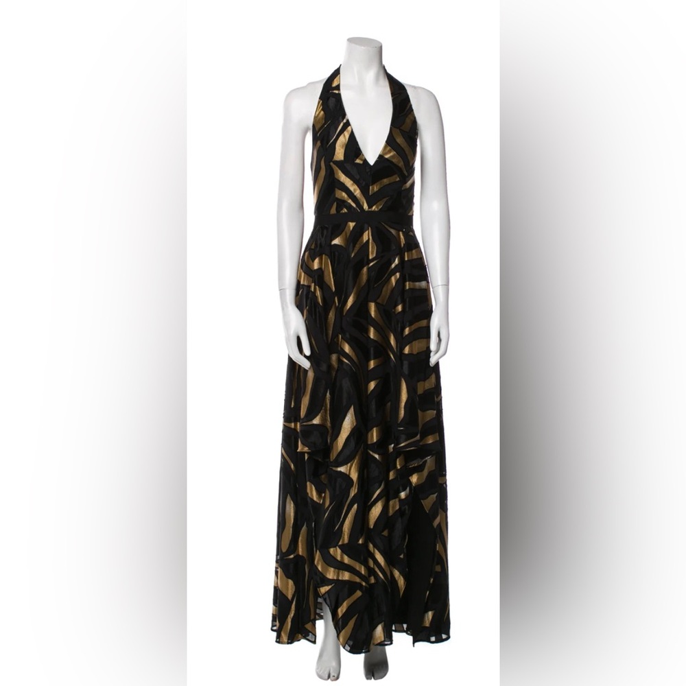 Halston Black and Gold Backless Dress